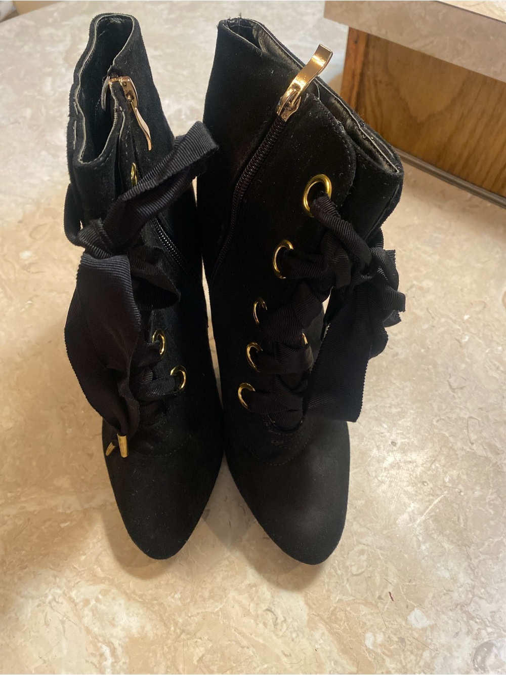 Not Rated Black Lace-Up Ribbon Ankle Boots with Gold Hardware
